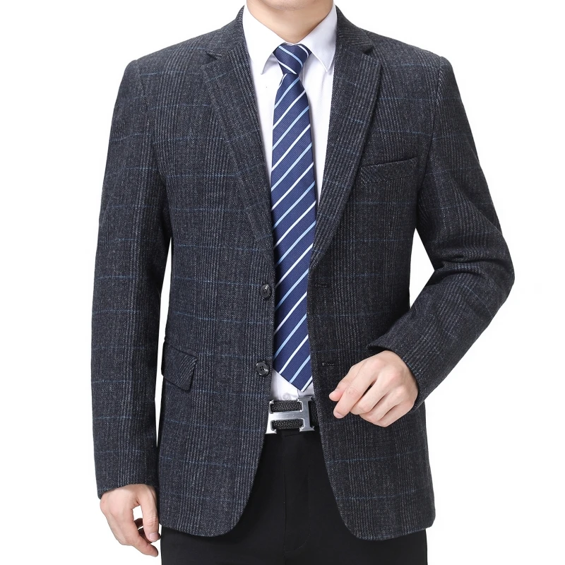 Man Wool Tweed Blazer Plaid Woolen Fabric Jacket Suit Navy Blue Camel Gray Costumn Homme Notched Collar Cuff Button Design Coats