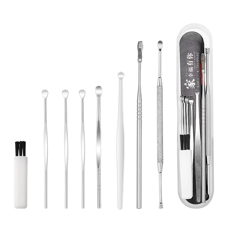 8pcs/set Ear Wax Pickers Stainless Steel Earpick Wax Remover Curette Ear Pick Cleaner Ear Cleaner Spoon Care Ear Clean Tool