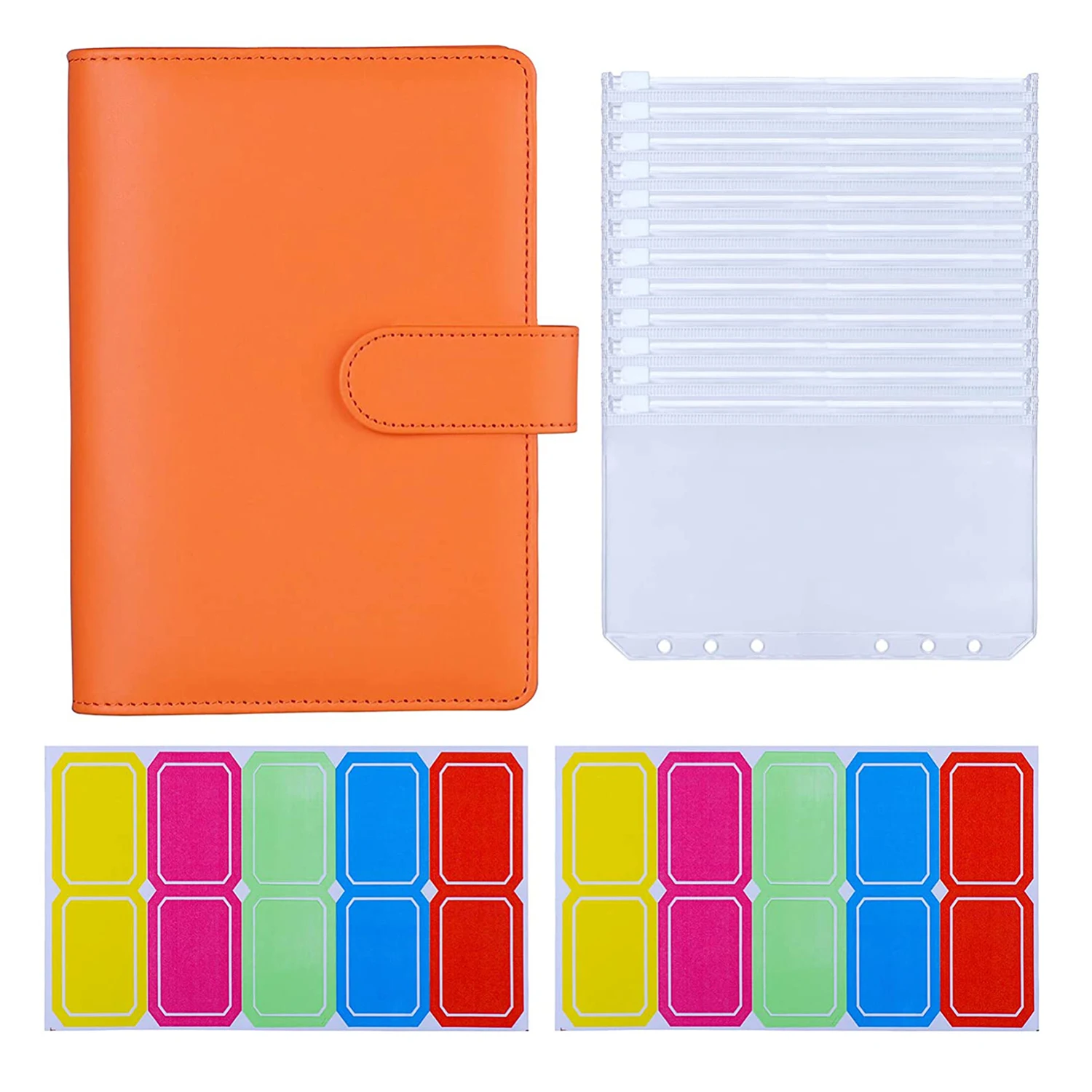 15Pcs A6 PU Leather 6-Ring Budget Binder Cover Cash Envelopes System with 12 A6 Binder Zipper Pockets and 2 Self-adhesive Label