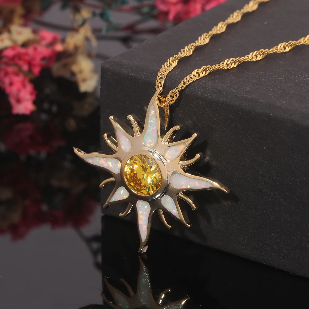 CiNily Starburst Fire Opal Stone Large Dangle Pendant Silver Plated Solar Orange Garnet Sun Charm Luxury Jewelry (With Necklace)