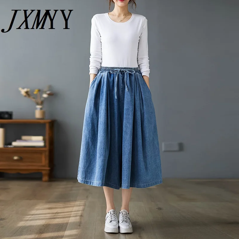 

JXMYY-Loose Wide Leg Pants for Women, Elastic Waist, Half Body, Cropped Pants, Casual Fashion Denim, Big Feet Pants