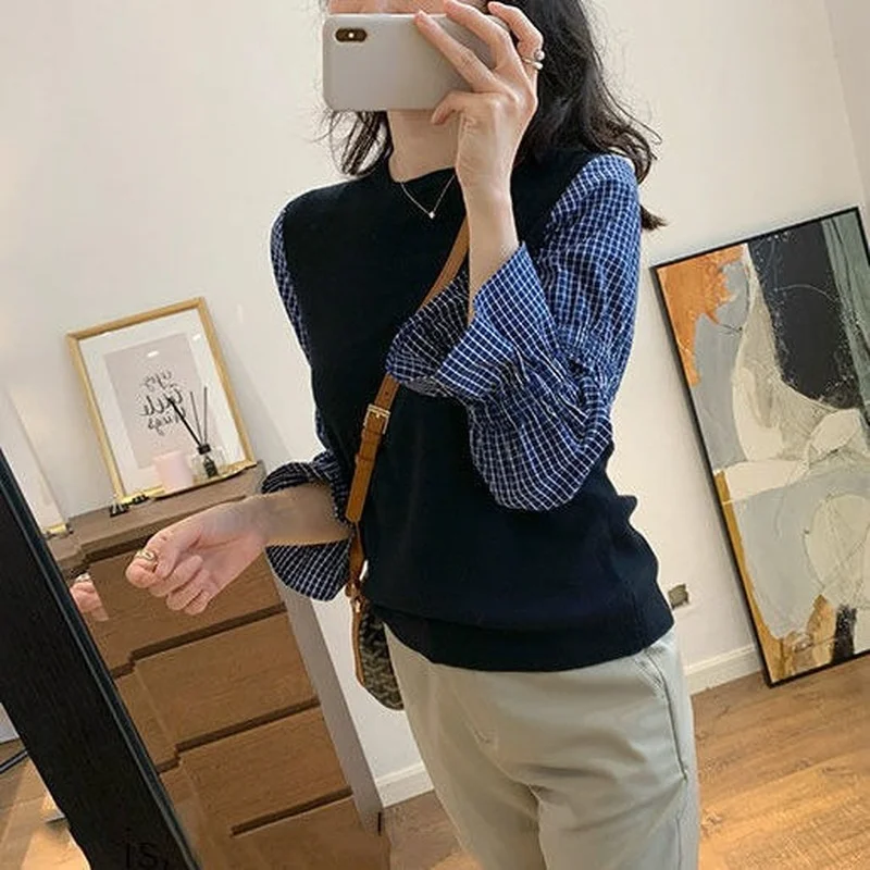 Blouse Women Sweet Girls Lantern Sleeve Popular Fake Two Pieces All-match Autumn Ladies Tops Ulzzang Streetwear Design Vintage