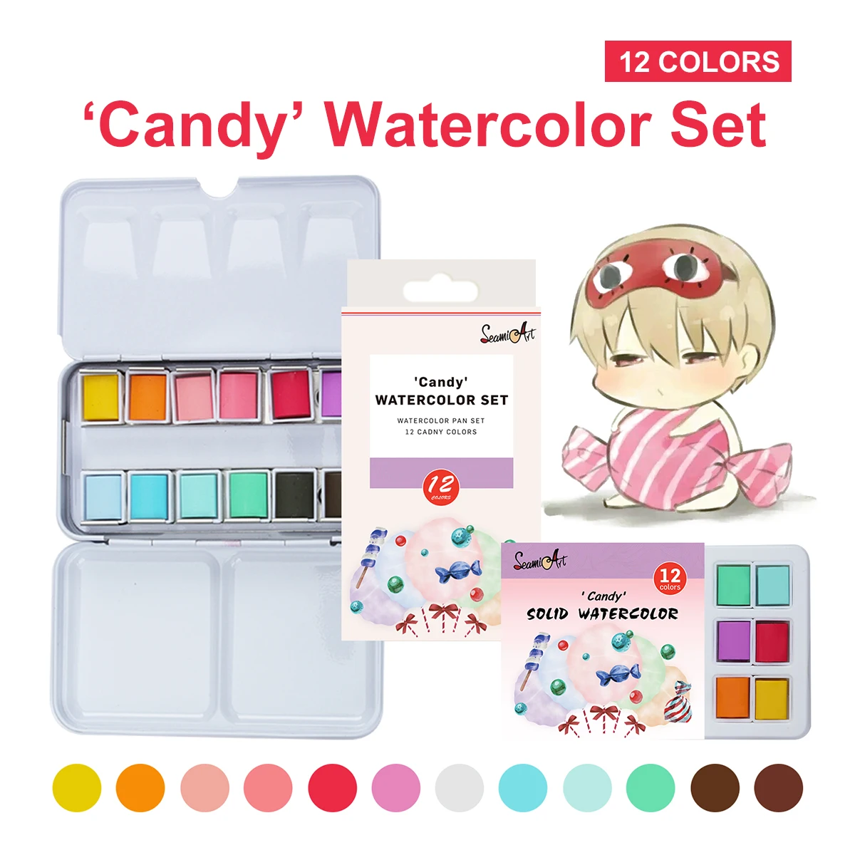 SeamiArt 12Color Tin Box Solid Watercolor Candy Color Water Color Paint for Cartoon & Portraits Painting Drawing Art Supplies