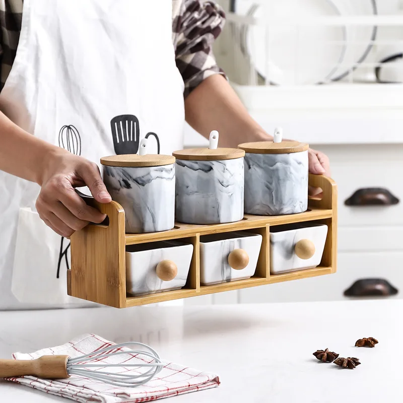 Simplicity Style Sugar Bowl Home Kitchen Set Ceramica Salt Condiment Pot Jars Wood Frame Can Be Hang On The Wall