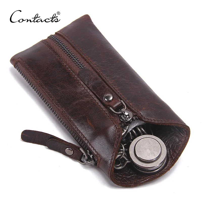 CONTACT\'S 100% Genuine Leather Key Wallet Men Car Key Holder Zipper Keys Case Top Quality Male Man Housekeeper Keys Organizer