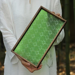 Retro Chinese style begonia embossed glass tray household rectangular wooden serving tray cup storage fruit tray