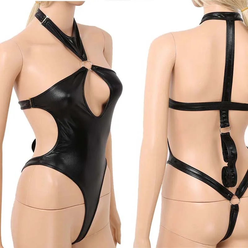 

Women One-piece Wet Look Thong Leotard Back Restraint Wristbands Faux Leather Teddy Bodysuit Lingerie