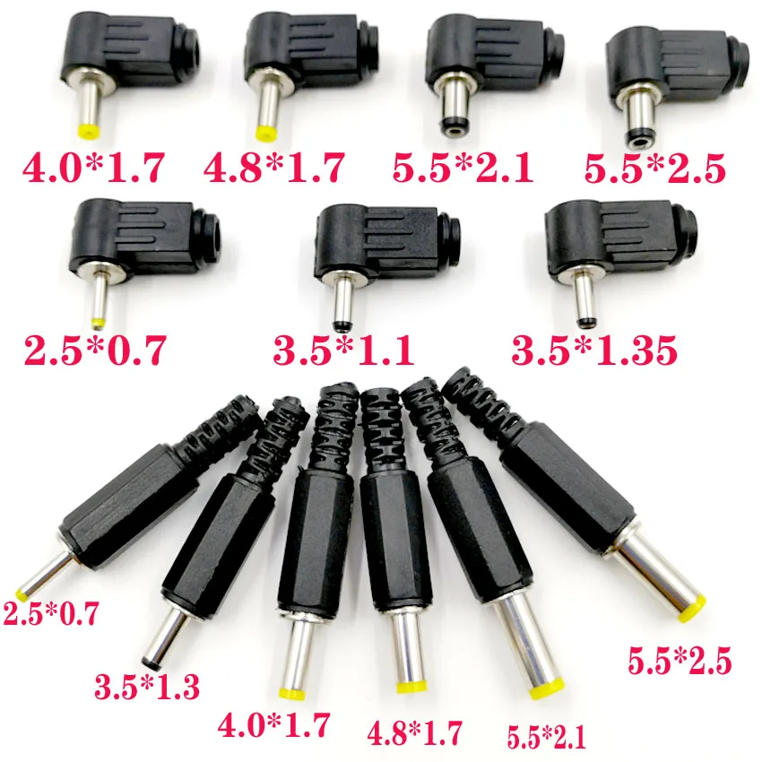 10PC 5.5x2.5 5.5x2.1 4.8x1.7 4.0x1.7 3.5x1.35 3.5x1.1 2.5x0.7mm Male DC Power Plug Connector Angle 90 180 Degree L Shaped Plugs
