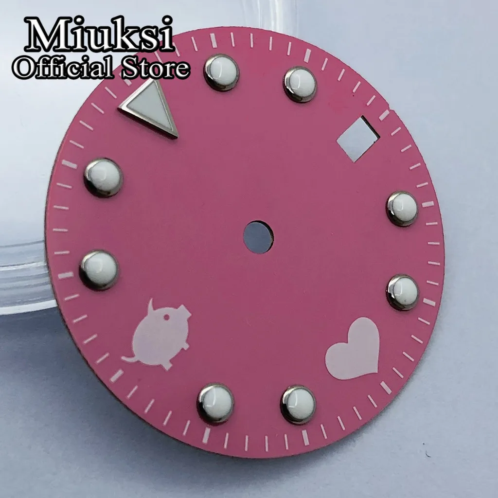 Miuksi 28.5mm pink watch dial green luminous dial fit NH35 movement