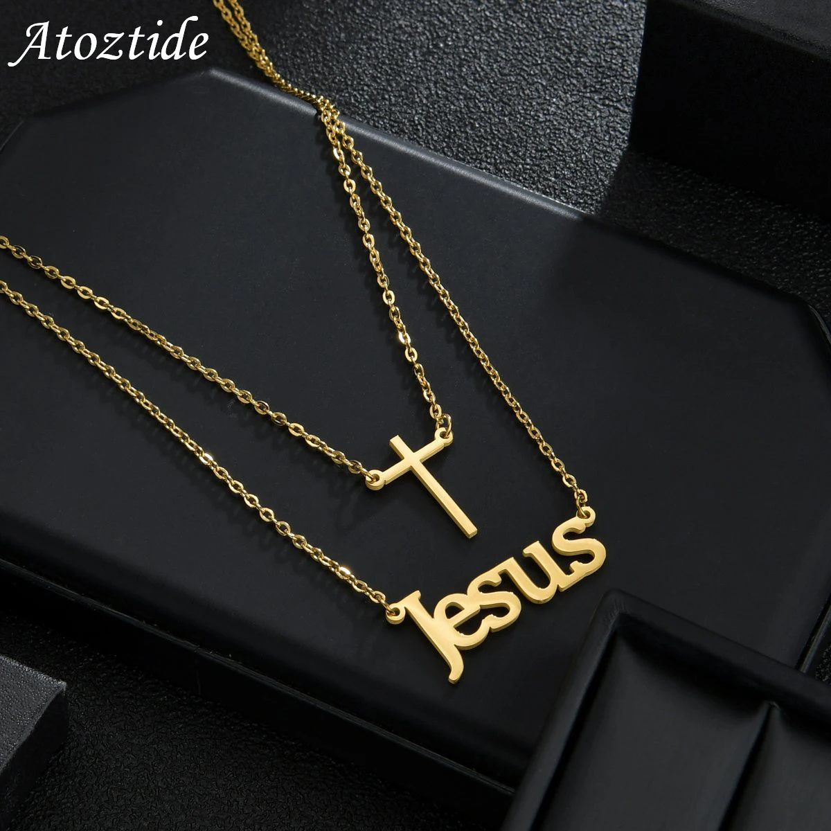 

Atoztide Customized Letter Cross Necklace Choker Stainless Steel Summer Letter Double Layers Name Pendant Jewelry for Women Gift