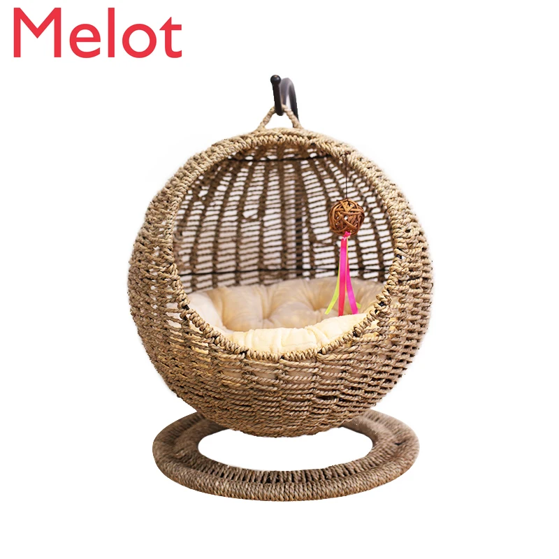 

High-End Hand-Woven Round Winter Warm Cat Nest Semi-Closed Opening Universal Washable Pet Cat Bed House Hanging Basket