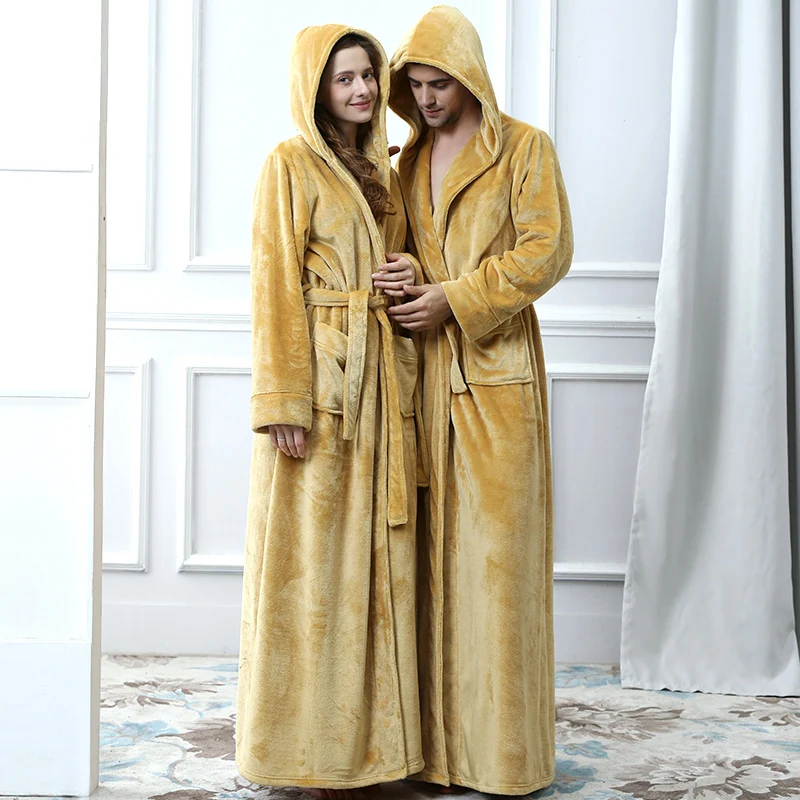 Men Plus Size Long Warm Flannel Bathrobe Winter Hooded Coral Fleece Bath Robe Men Night Sleepwear Women Dressing Gown Sexy Robes