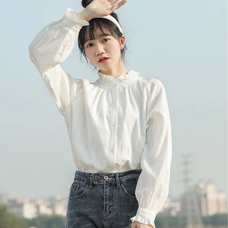 White Shirts Women Long Sleeve Stand Collar Designed Sweet Girls Students College Solid Korean Style Feminine Camisas Ulzzang