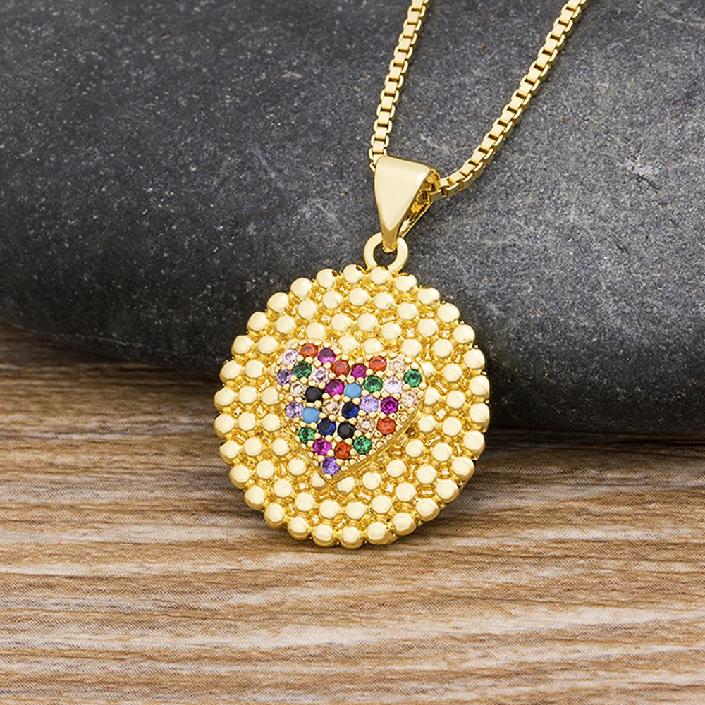 AIBEF Hot Sale Round Romantic Colorful Crystal Heart Pattern Pendant Necklace Copper Zircon Gold Color Chain Jewelry Women Gift