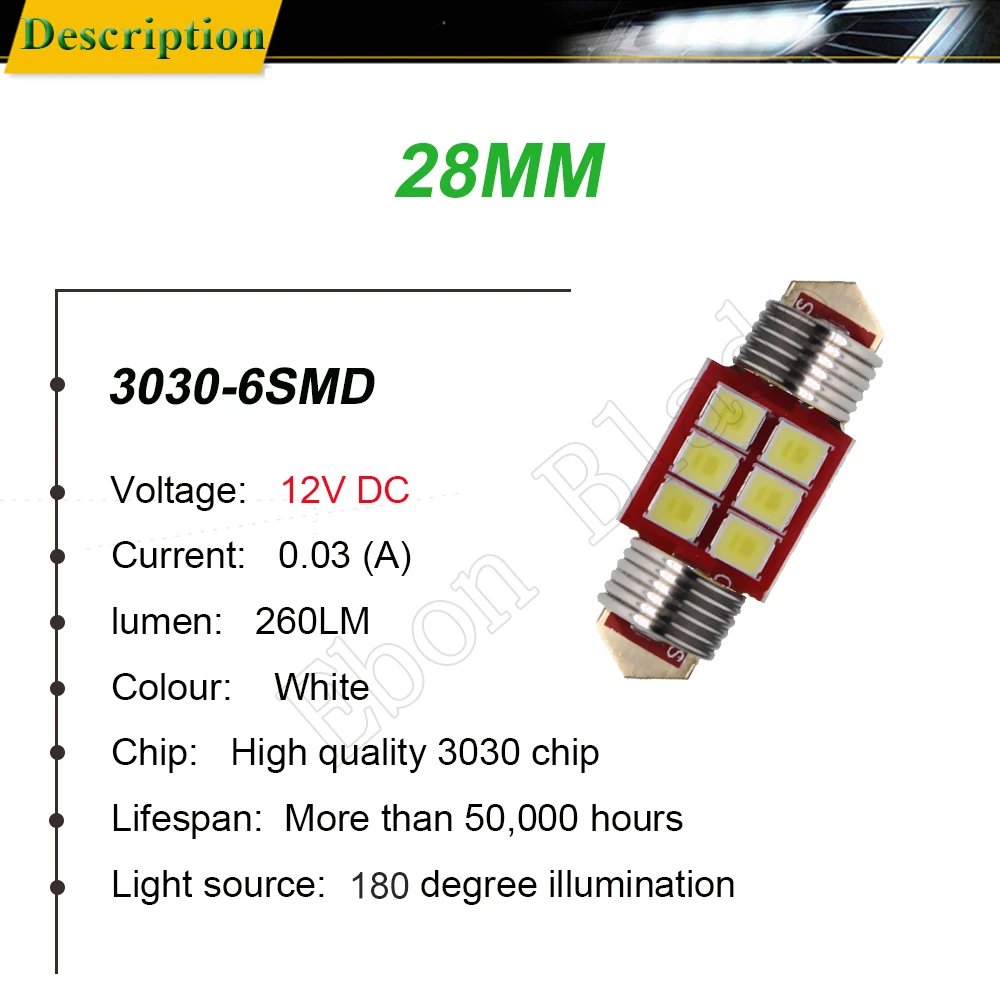 10Pcs 28mm 31mm C5W Car LED Light 3030 6SMD Interior Festoon Dome Map Reading Bulb Auto Door Trunk License Plate Lamp White 12V