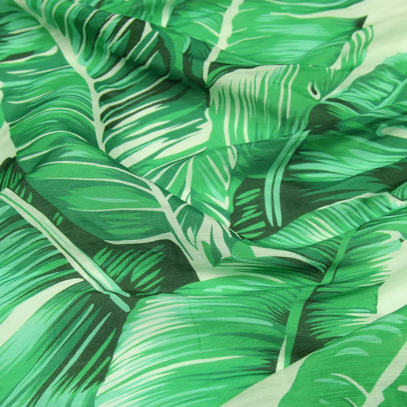 Big green banana leaves print silk and linen blended fabric 140cm width,SLN178