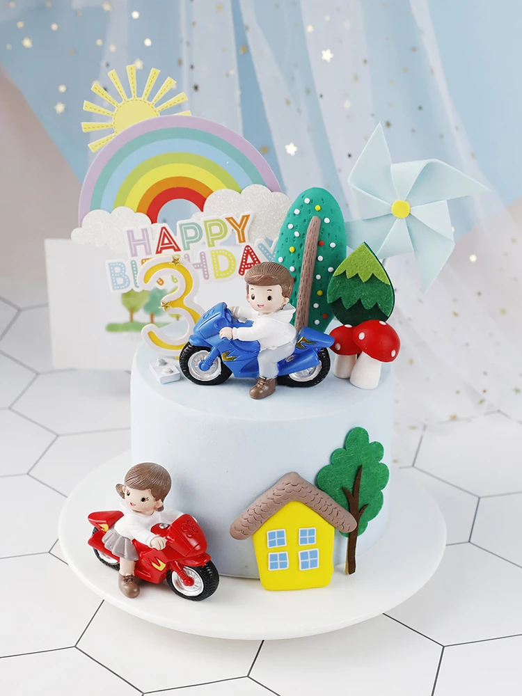 Motorcycle Boy Girl Cake Topper for Birthday Party Decorations Rainbow Tree Dessert Baby Shower Baking Supplies Kid Love Gifts