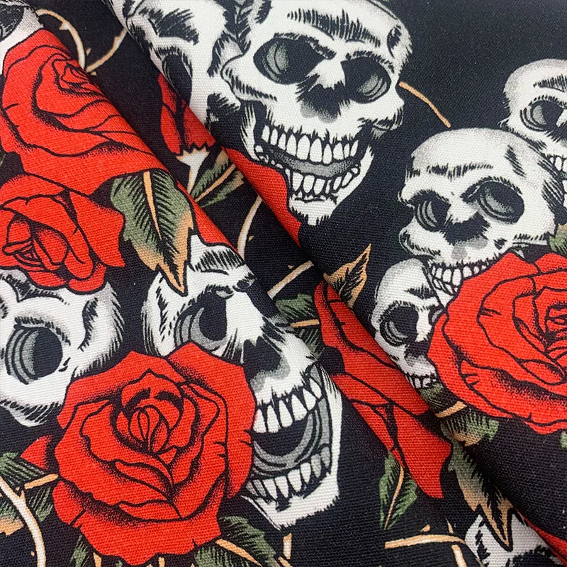 New Black Woven Skull 100% Cotton Fabric Canvas Rose Skull Printed Cotton Fabric Sewing Patchwork DIY Bag Clothing Tablecloth