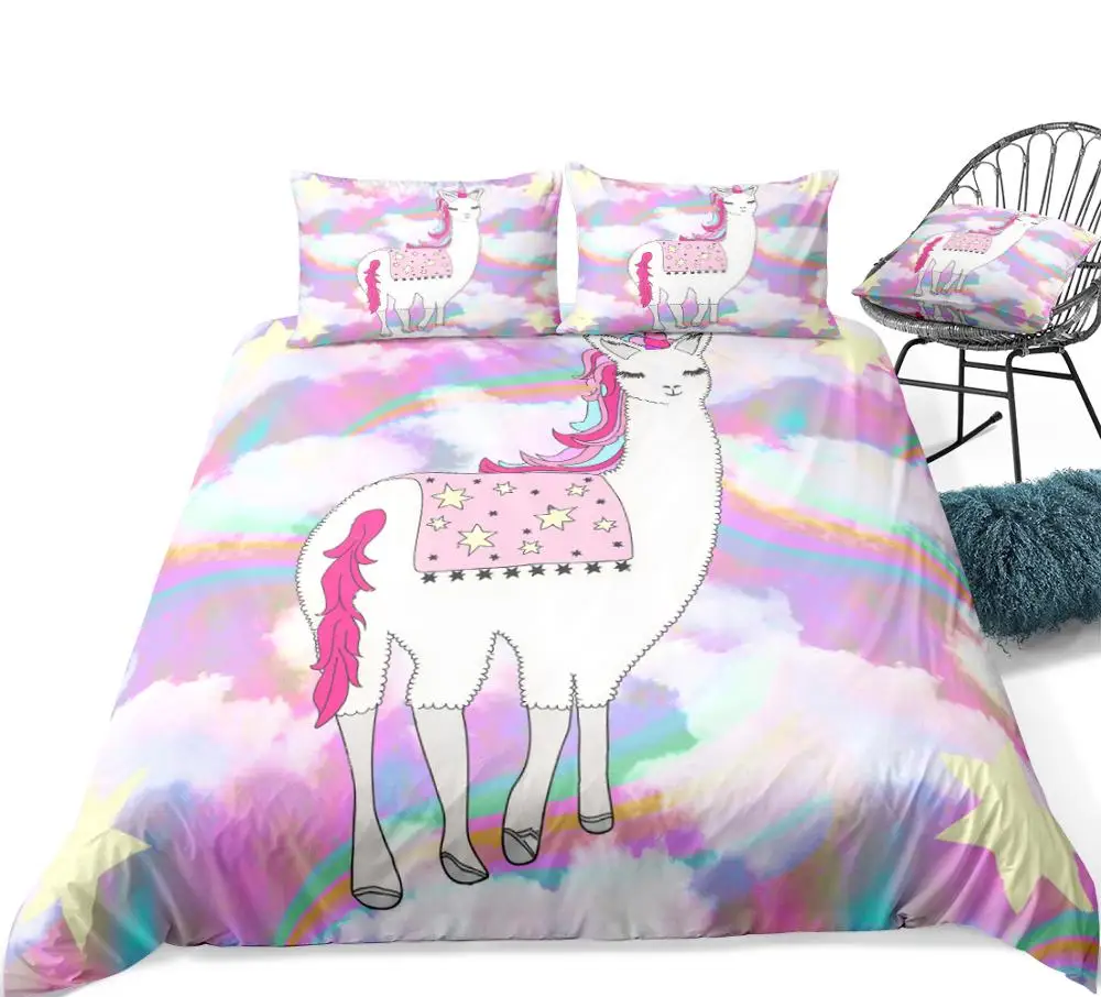 Unicorn Bedding Set Pastel Duvet Cover Set Flying Horse Bed Linen Teen Kid Bedclothes Cartoon Horse Home Textile Unicorn Bed Set