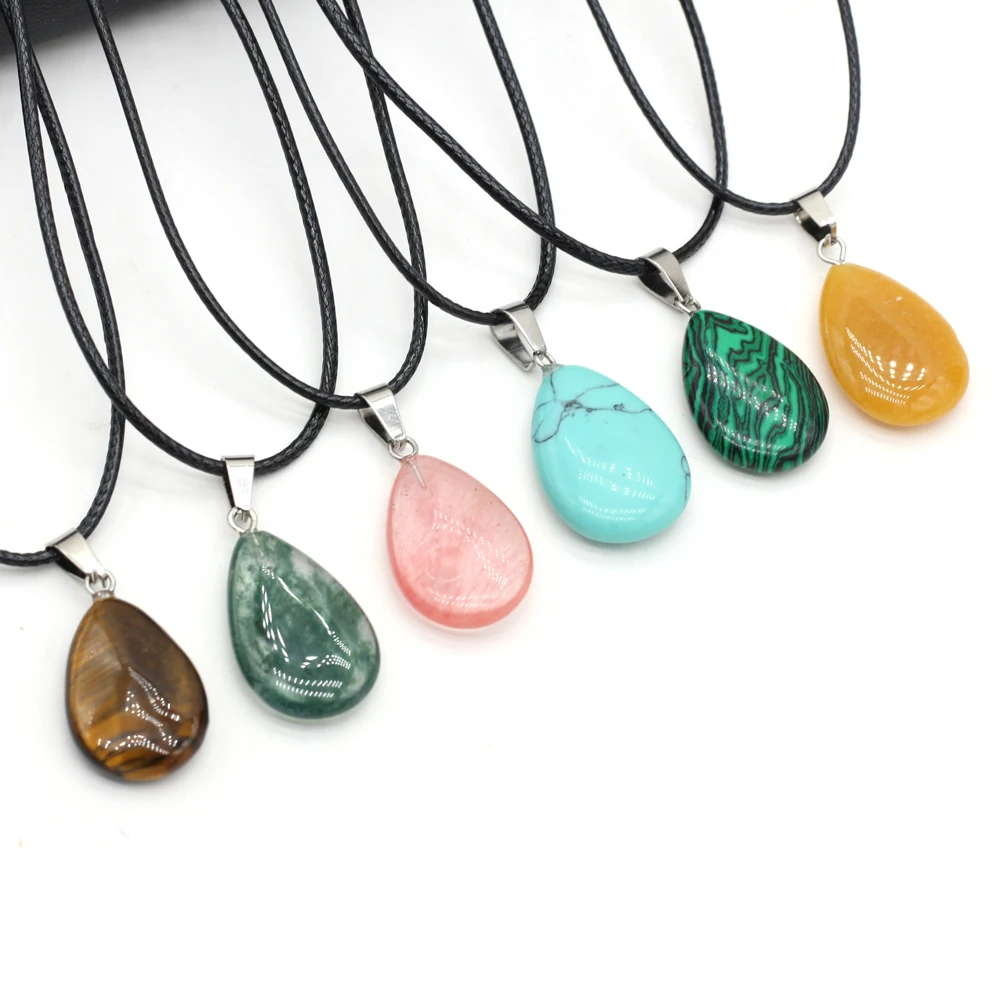 Drop Shape Natural Stones Necklace Crystal Rose Quartz Turquoise Tiger Eye Agate Malachite Pendant Neck Chain for Women Jewelry