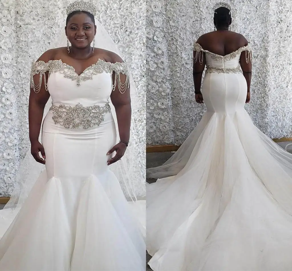 

Plus Size Satin Wedding Dresses Mermaid Beading Off Shoulder Crystals Custom Made African Women Bridal Open Back Corset