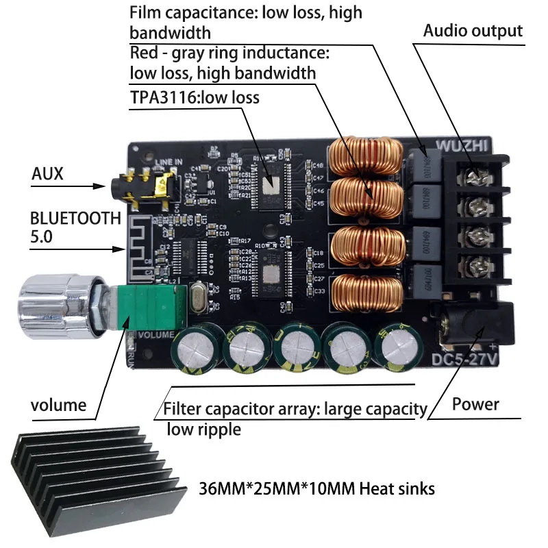 2*100W TPA3116D2 Audio Power Amplifier Bluetooth-compatible 5.0 Stereo HiFi Class D Digital TPA3116 Home Theater AUX Music AMP