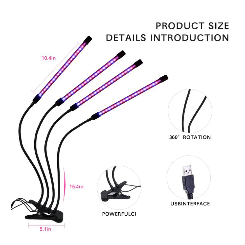 Full Spectrum USB Clip-on LED Crescer Luz, 5 Cabeças, Phyto Lamp, Plantas De Interior, Mudas, Caixa De Tenda Flor, Fitolampy, 45W