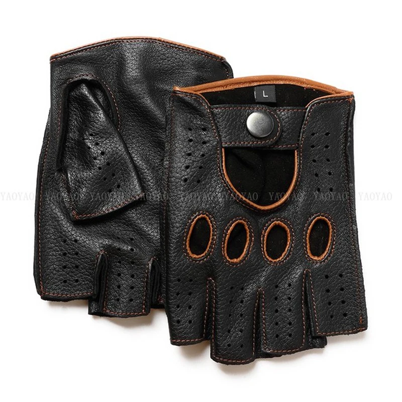 High Quality Goatskin New Male Half Finger Men Leather Gloves Fashion Breathable Driving Gloves Male Mittens