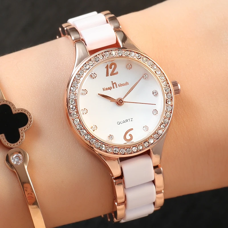 Lujo cristal diamante relojes para mujer moda resistente al agua cuarzo reloj informal para mujer,reloj con correa de cerámica para mujer, reloj