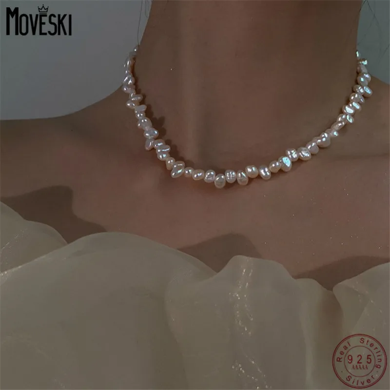 

MOVESKI 925 Sterling Silver Natural Baroque Pearl Necklace Women Korean Fashion Design Personality Clavicle Chain