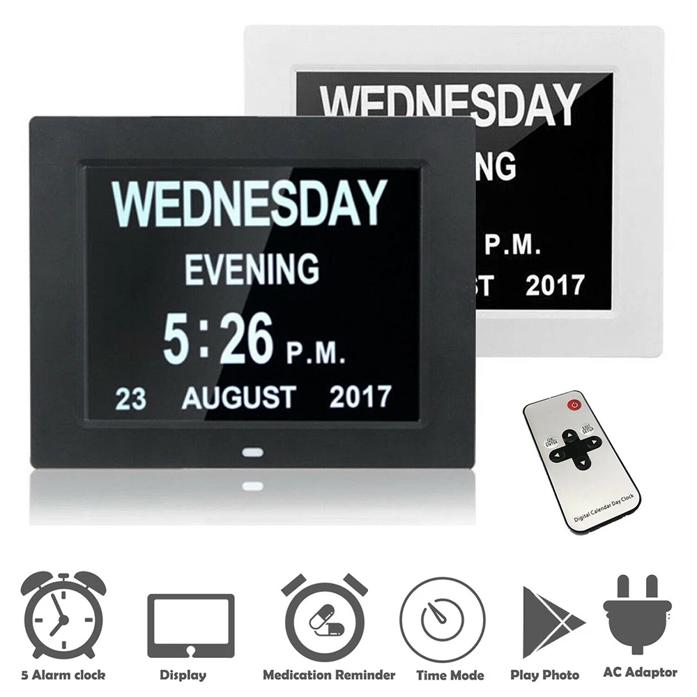 

7 " 8 Languages Digital Day Clock LED Calendar Day/Week/Month/Year Electronic Alarm Clock for Impaired Vision People Home Decor