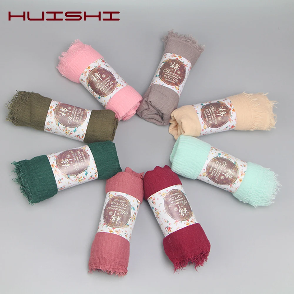 HUISHI Muslim Scarf Women Hijab Bubble Cotton Solid Islam Muslim Head Scarf 70*180cm Women Shawls and Wraps Crinkle Hijab