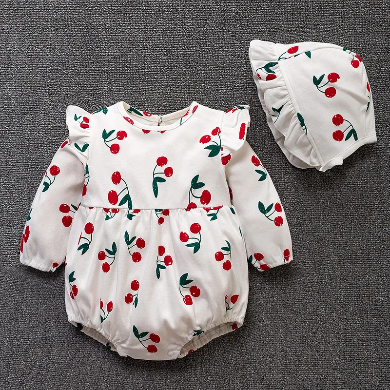 

Printing Cherry Summer Baby Bodysuits Newborn Infant Kids Clothes Girls Long Sleeve Turndown Collar Jumpsuit Hats Top Quality