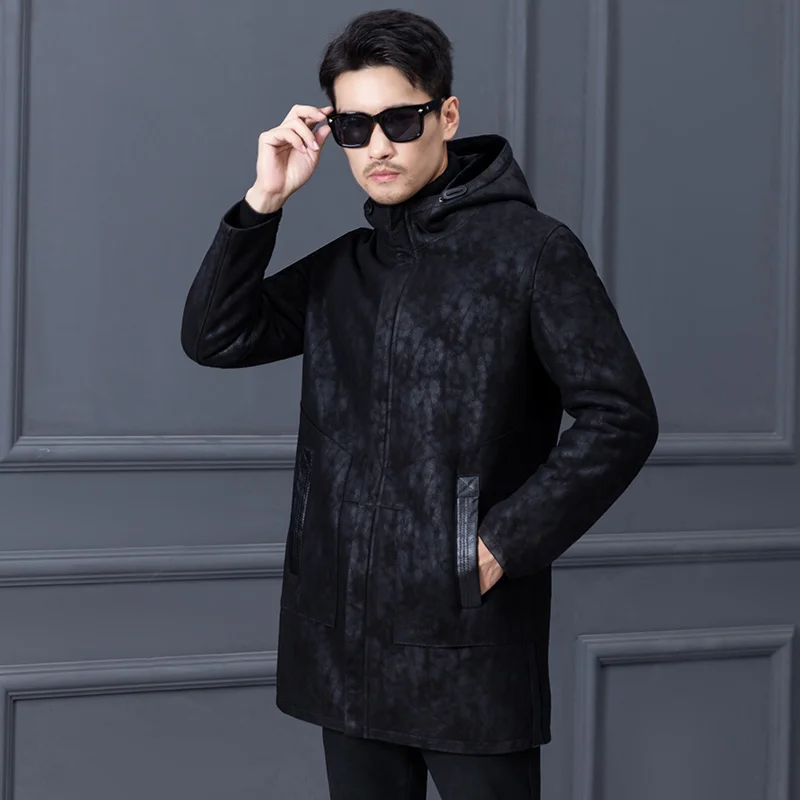 Medium-Long Men Hooded Sheepskin Coat Winter Luxury Business Natural Leather Overcoat Brand Real Fur Wool Outerwear Plus Size