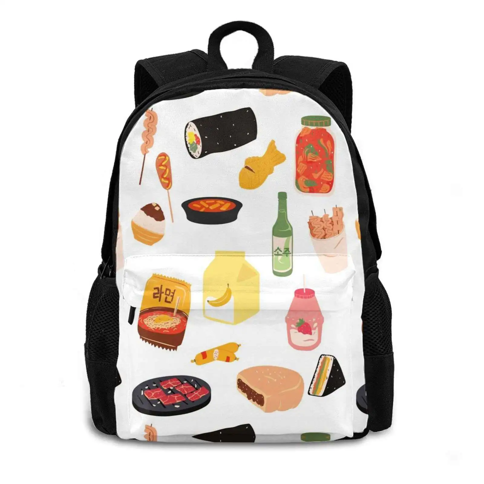 Korean Food 432D Print Design Backpack Student Bag Foodie Korean Food Kimchi Corndog Ramen Soju Red Beans Strawberry Milk