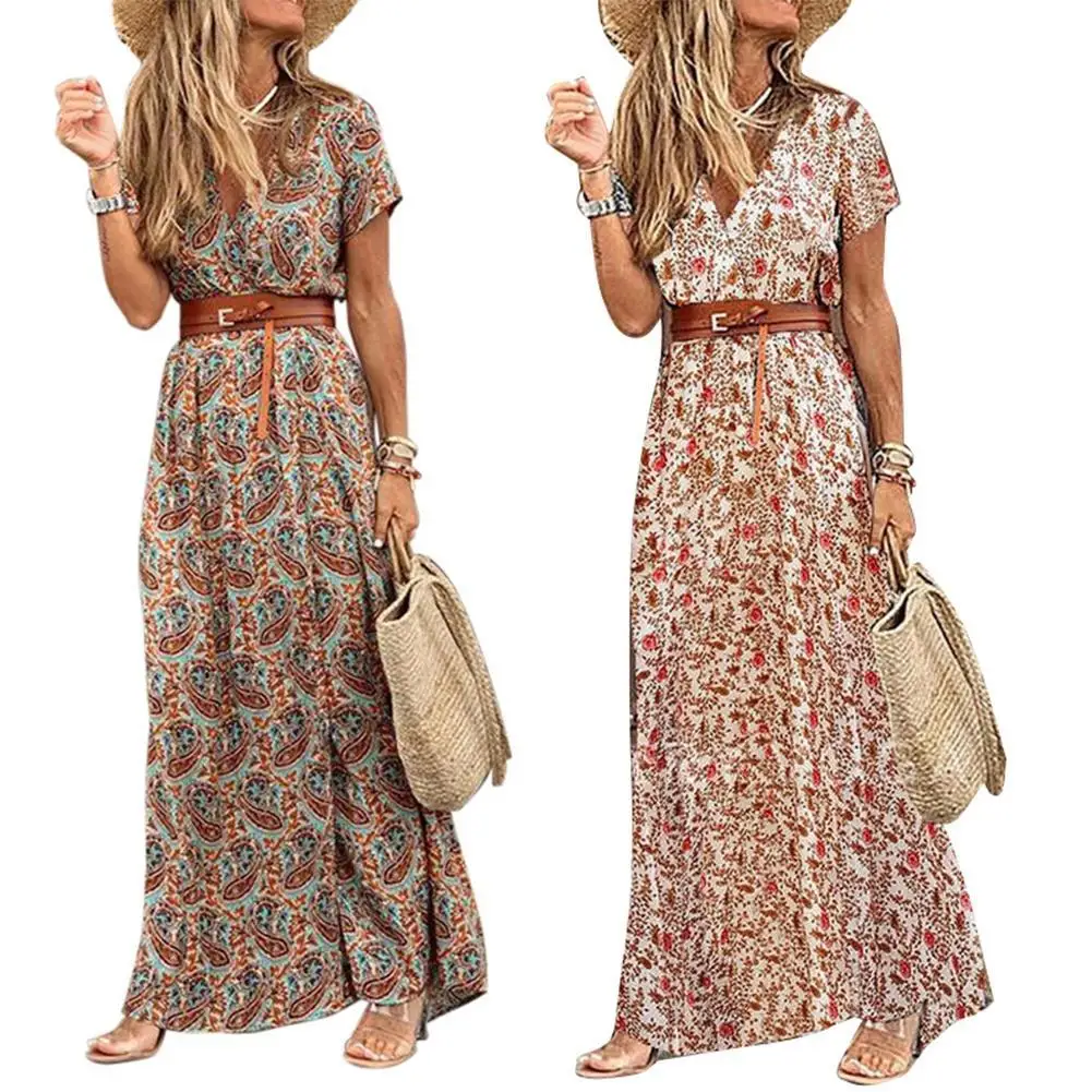 Fashion Boho Dress Long Dress Women Casual V Neck Short Sleeve Retro Print Belt Hem Beach Dresses Elegant Sundress Robe Femme