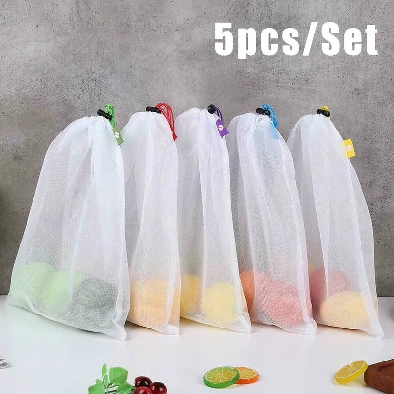 5pcs/set Reusable Mesh Produce Bags Fruit Vegetable Toys Sundries Storage Organizer Food Storage Packaging Bag Home Kitchen Tool