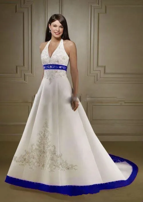 Vintage White and Royal Blue Stain Wedding Dresses 2022 Halter Neck Court Lace Embroidery Beaded Lace-up Corset Bride Gown