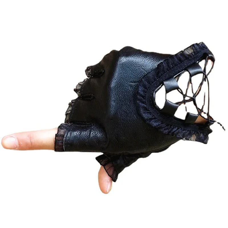 Fashion Women Black Half Finger Soft Sheepskin Gloves Sexy Lace Genuine Leather Fingerless Gloves Ladies Dance Costume Glove S59