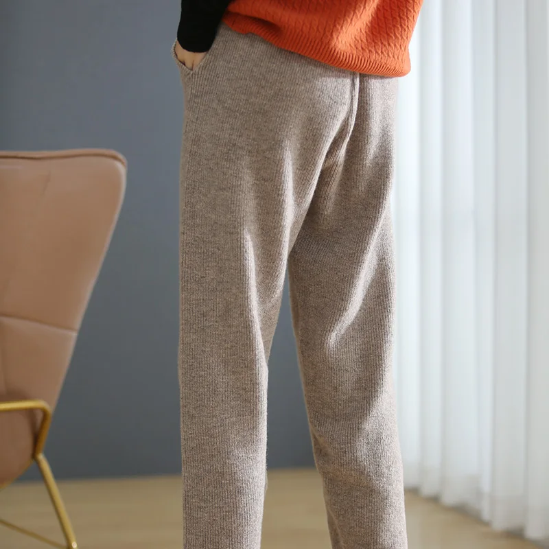 ATTYYWS-Cashmere Harlan Pants for Women, 100% Wool, Knitted, Long, Pure Color, Casual, New Style, Autumn and Winter, 2024