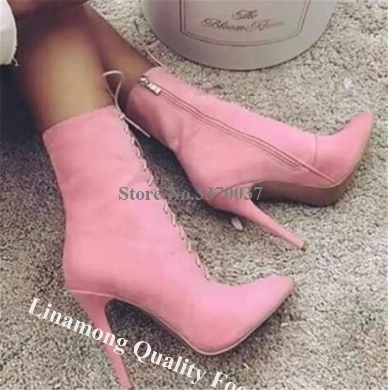 

Linamong Women Pointed Toe Suede Leather Stiletto Heel Short Boots Pink Lace-up Zipper High Heel Ankle Booties Dress Heels