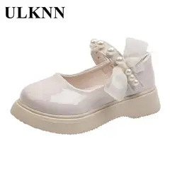 ULKNN loveliness-zapatos de cuero suave para niño, zapatillas planas de goma para niña, zapatos escolares con abalorios y lazo, color negro