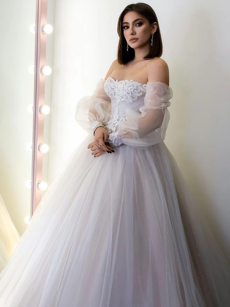 Sweetheart Full-Sleeves Wedding Dress Floor-Length Off the Shoulder Illusion Tulle  Lace  Applique 2024 New A-Line Bride Gown