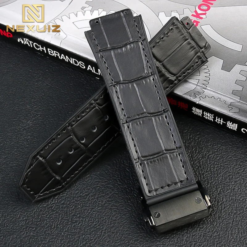 26*19mm Brown Black New Real Cow Leather + Rubber Watch Band For Hublot Strap BIG BANG Watchband Stainless Buckle Free Tools Men