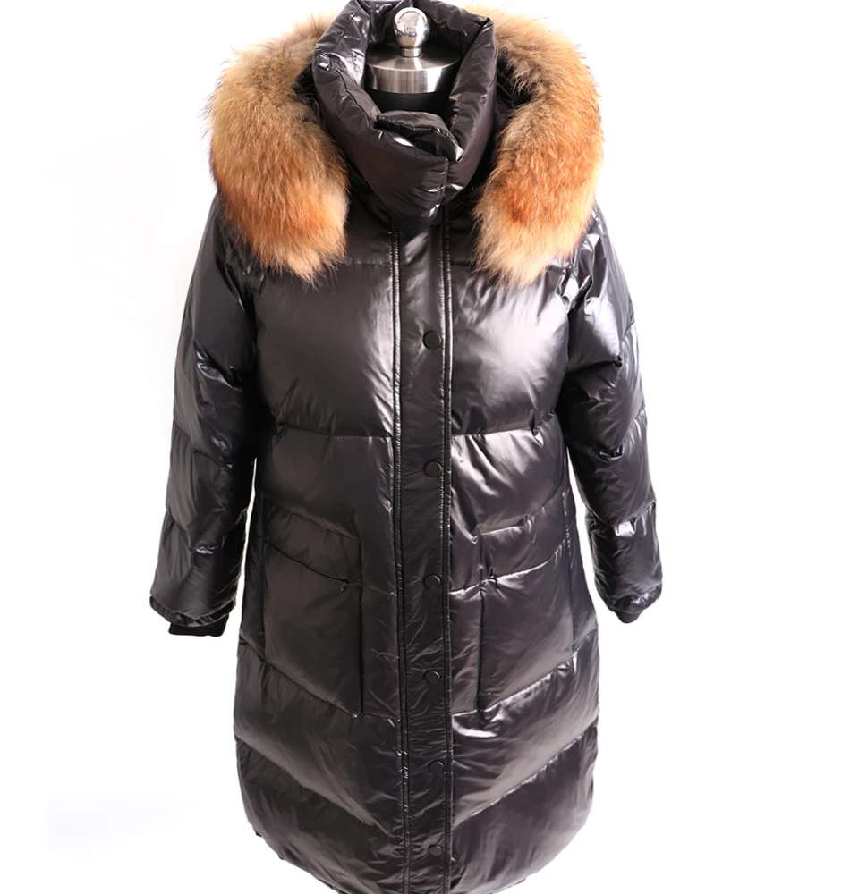 Winter vrouwen zwart donsjack echt vossenbont grote kraag jas vrouwen eend donsjack Warme lange donsjas Parka wasbeer kraag