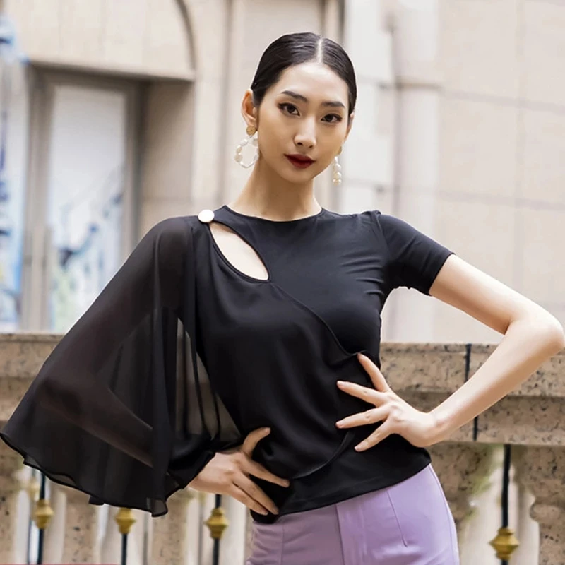 

2021 Ballroom Dance Performance Tops Women Latin Dance Wear Summer Rumba Salsa Dancing Shirt Lady Black Practice Clothes