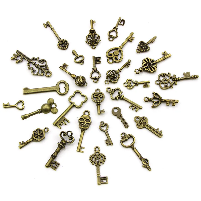 50pcs/lot Vintage Brass Metal Mixed Each Different Key Charms DIY Handmade Jewelry Decoration Key Pendant Charms