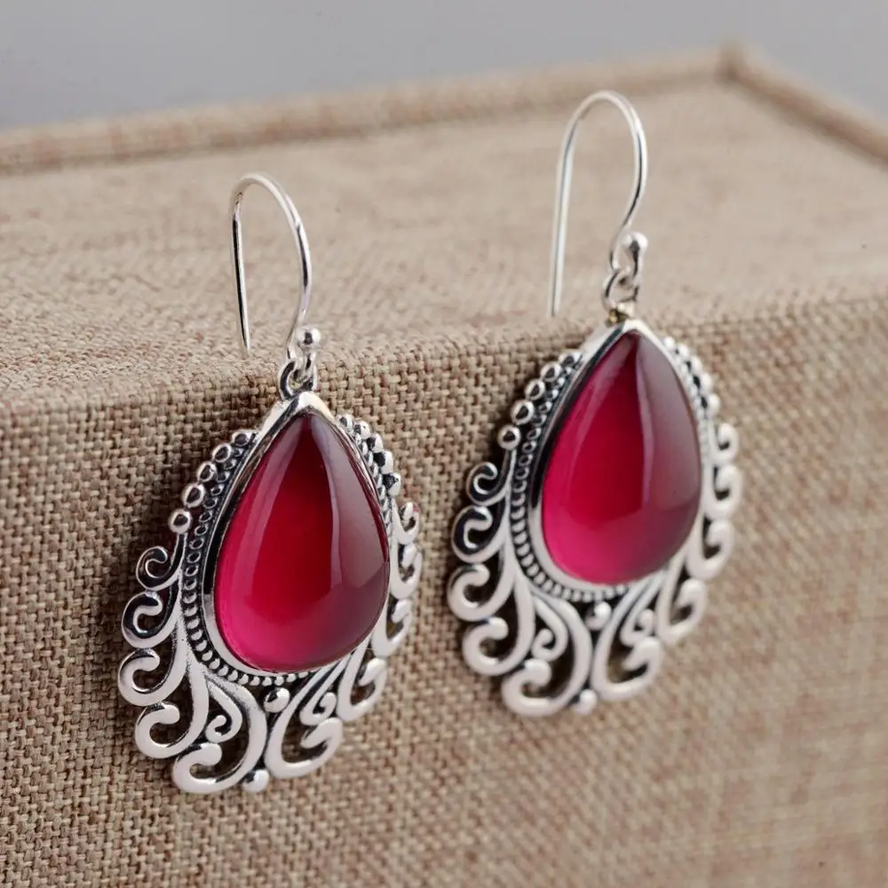 

S925 Sterling Silver Earrings Jewelry red corundum silver earrings