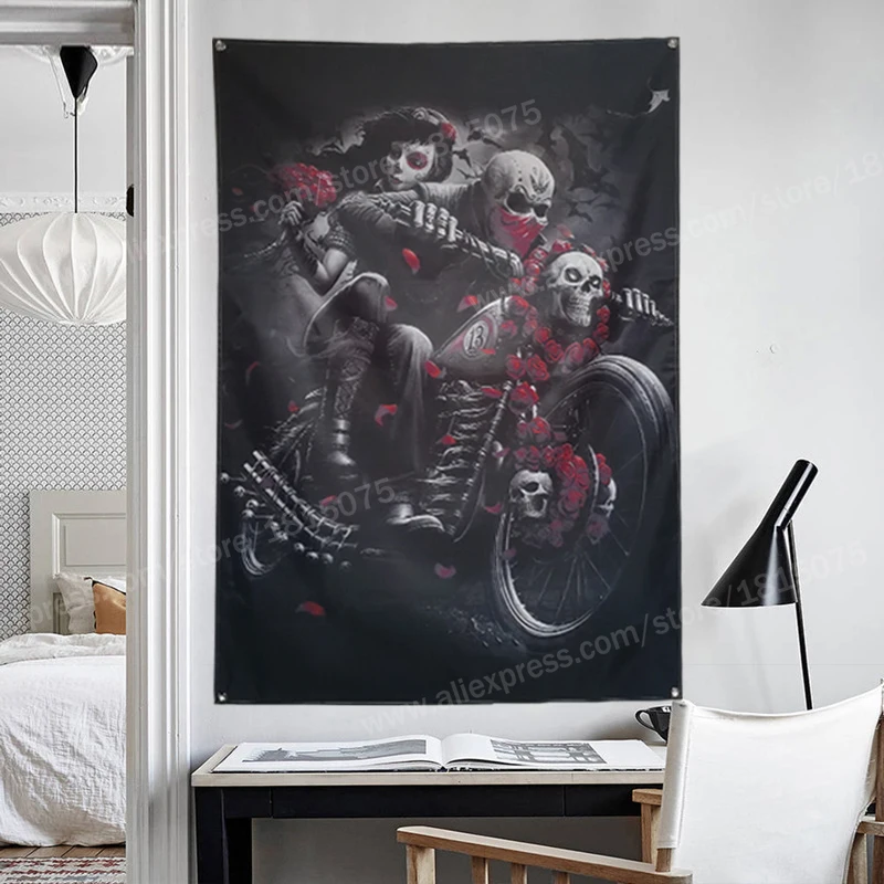 Skull Tattoo Motorcycle Biker Roses Flag Banner Sexy lady Beauty Art Home Decoration Hanging 4 Gromments in Corners 3*5FT