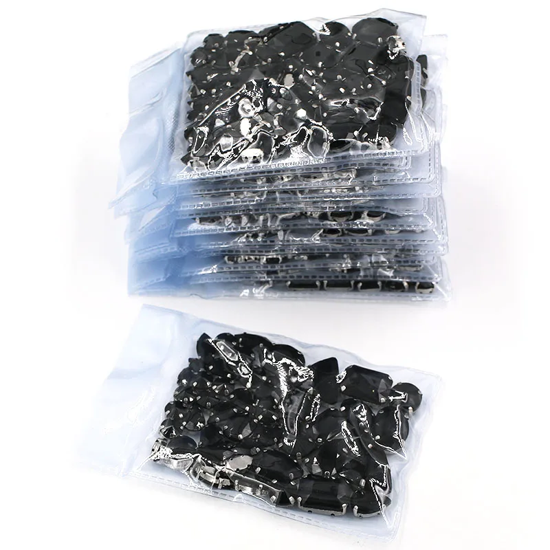 Diamantes de imitación de cristal negro para ropa/vestido de novia, 5 bolsas con base plateada de forma mixta, gran oferta